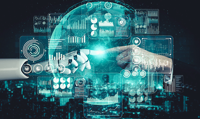포토 해외이미지 손 비즈니스 그래프 미래 신체부위 파란색 스크린 기계 터치 가리킴 로봇 AI_인공지능 해외202310 해외포토 AI파일 컬러 컨셉 사람 손짓 파일형식 벡터