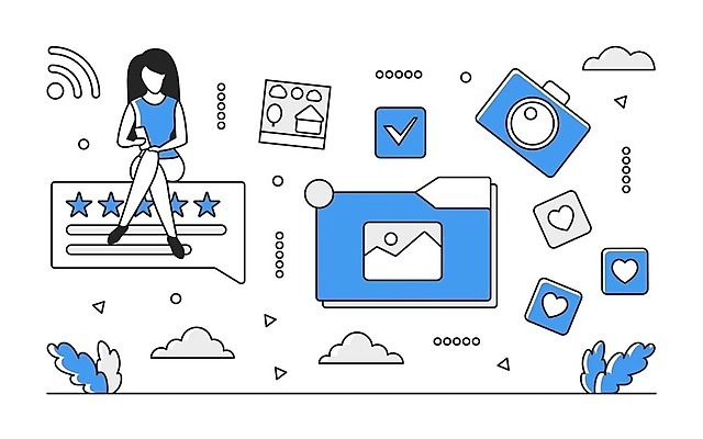 EPS 해외이미지 전신 여자 일러스트 비즈니스 한명 성인 파란색 카메라 디지털 정보 업무 스마트 분석 온라인 경영 데이터베이스 별점 인터페이스 성인여자한명만 해외202310 해외일러스트 1 컬러 컨셉 사람 전자제품 작업 점수 평가 여자한명만 성인여자만 파일형식 벡터