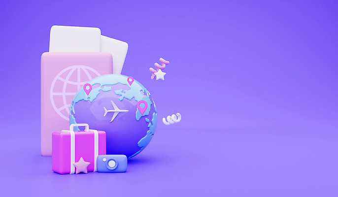 JPG 해외이미지 별 지구 여행 일러스트 휴가 비행기 사람없음 3D 카메라 여행가방 보라색 항공권 오브젝트 여권 위치 카피스페이스 해외202310 해외일러스트 자연요소 컬러 가방 항공교통 대중교통 전자제품 공백 티켓 디지털합성 파일형식