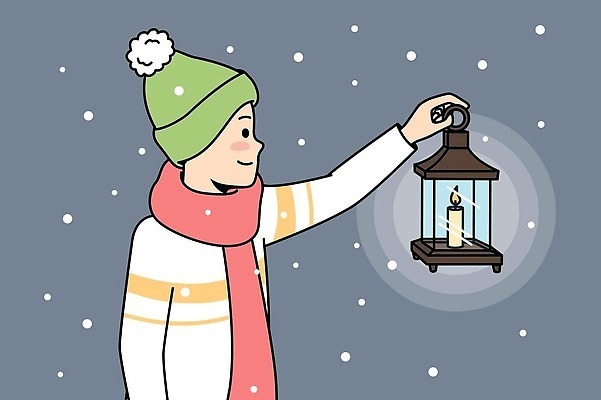 EPS 해외이미지 남자 어린이 일러스트 촛불 한명 들기 소년 파란색 목도리 눈 랜턴 호기심 소년한명만 해외202310 해외일러스트 자연요소 1 잡화 감정 컬러 컨셉 초 모션 날씨 조명 사람 남자한명만 소년만 파일형식 벡터