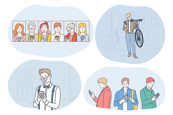 EPS 해외이미지 여자 할아버지 노년 남자 안경 할머니 가방 일러스트 비즈니스 들기 여러명 성인 스마트폰 자전거 해외202310 해외일러스트 잡화 다수 모션 사람 핸드폰 스마트기기 바이크 파일형식 벡터