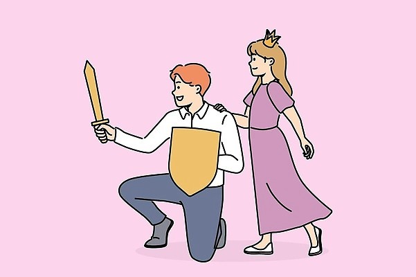 EPS 해외이미지 여자 남자 어린이 일러스트 가족 왕관 들기 성인 두명 칼 보호 방패 공주님 해외202310 해외일러스트 컨셉 관계 모션 사람 파일형식 벡터