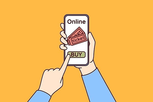 EPS 해외이미지 손 행복 일러스트 들기 신체부위 스마트폰 쇼핑 노란색 터치 티켓 상품 온라인 해외202310 해외일러스트 감정 컬러 모션 사람 핸드폰 스마트기기 파일형식 벡터