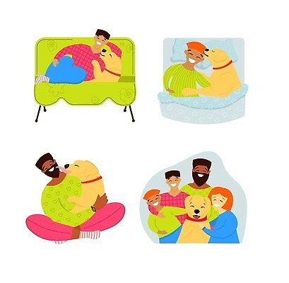 EPS 해외이미지 클립아트 동물 캐릭터 행복 어린이 스티커 일러스트 장난 가족 고글 함께함 선물 미소 반려동물 세트 귀여움 아기 신용카드 개 골든리트리버 달콤 강아지 만화 수집 고립 기르기 동반자 벡터 해외202310 해외일러스트 일러캐릭터 감정 컨셉 포유류 관계 표정 사람 금융 리트리버 맛 돌봄 파일형식