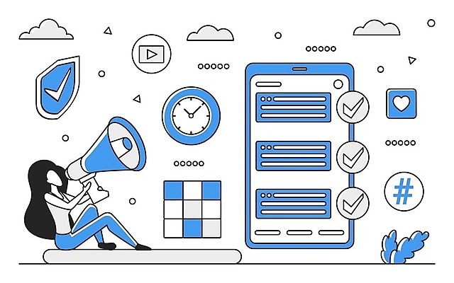 EPS 해외이미지 전신 여자 일러스트 비즈니스 한명 성인 파란색 스마트폰 디지털 확성기 정보 업무 스마트 분석 온라인 경영 데이터베이스 인터페이스 성인여자한명만 해외202310 해외일러스트 1 컬러 컨셉 사람 핸드폰 스마트기기 작업 여자한명만 성인여자만 파일형식 벡터