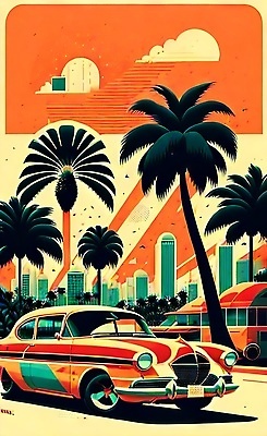 JPG 해외이미지 포스터 도로 여행 일러스트 자동차 사람없음 건물 야자수 태양 도시 빈티지 복고 마이애미 해외202310 해외일러스트 자연요소 나무 건축물 길 육상교통 컨셉 교통시설 파일형식