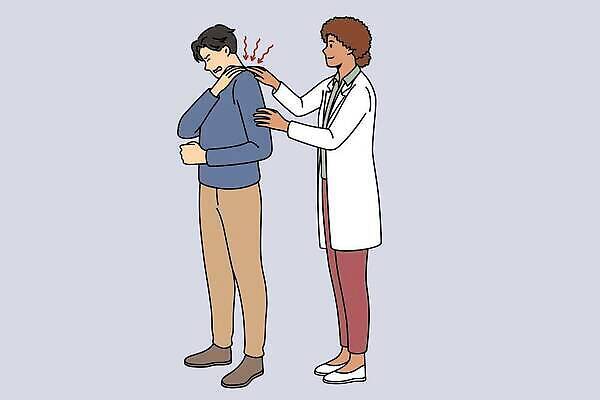 EPS 해외이미지 전신 여자 남자 일러스트 서기 성인 두명 진료 의사 찡그림 어깨통증 성인만 해외202310 해외일러스트 의학 모션 표정 사람 의료진 질병 파일형식 벡터