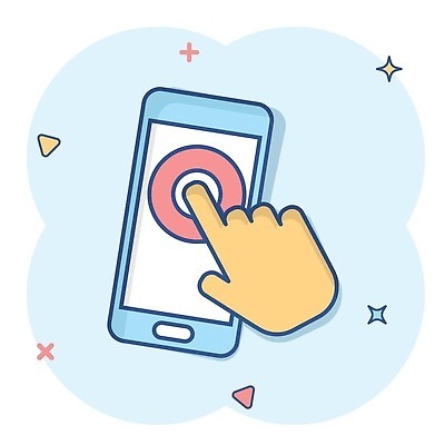 EPS 해외이미지 손 일러스트 신체부위 파란색 스마트폰 터치 심볼 심플 코믹 해외202310 해외일러스트 컬러 사람 핸드폰 스마트기기 파일형식 벡터