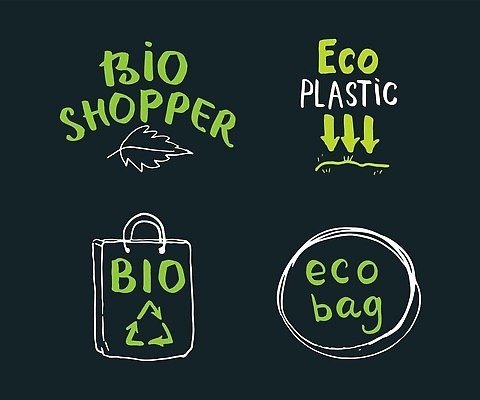 EPS 해외이미지 손글씨 화살표 잎 일러스트 캘리그라피 검은배경 타이포그라피 사람없음 장식 쇼핑백 재활용 플라스틱 에코 친환경 손그림 바이오 강조 해외202310 해외일러스트 식물 문자 백그라운드 가방 재질 환경 검은색 파일형식 벡터