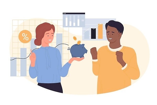 여자 남자 비즈니스 모션 사람 금융 저금통 직장인 파일형식 벡터 저축 돼지저금통 들기 성인 두명 성인만 EPS 일러스트 해외이미지 해외202310 비즈니스맨 비즈니스우먼 해외일러스트 무료이미지