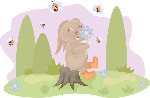 JPG 해외이미지 나무 꽃 일러스트 장화 들기 사람없음 귀여움 토끼 꿀벌 나무밑둥 해외202310 해외일러스트 식물 신발 컨셉 포유류 모션 반려동물 벌_곤충 파일형식