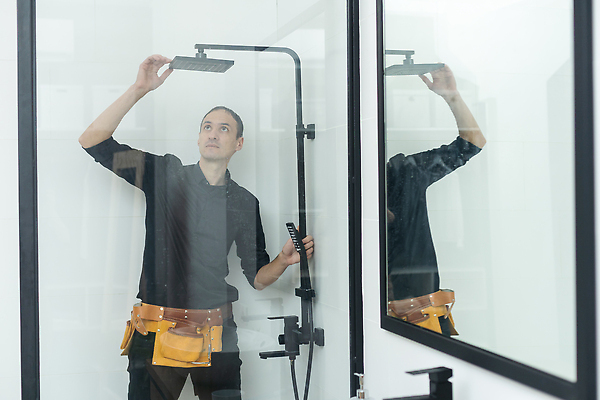 포토 JPG 해외이미지 남자 유니폼 노동자 한명 상반신 성인 앞모습 욕실 업무 수리 청소 샤워기 유지 샤워실 성인남자한명만 해외202310 해외포토 직업 1 옷 뷰포인트 사람 작업 샤워시설 남자한명만 성인남자만 파일형식