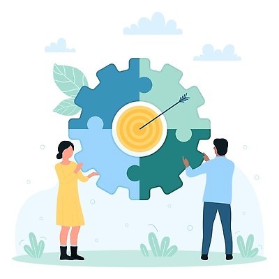 EPS 해외이미지 전신 여자 남자 일러스트 화살 들기 성인 두명 업무 비즈니스맨 비즈니스우먼 퍼즐 과녁판 톱니바퀴 맞추기 성인만 해외202310 해외일러스트 비즈니스 모션 사람 작업 직장인 파일형식 벡터