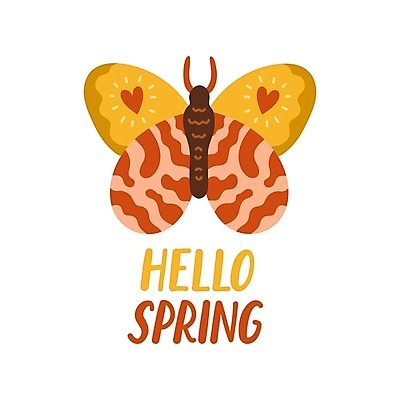 EPS 해외이미지 행복 나비 일러스트 타이포그라피 사람없음 노란색 봄 하트 엘리먼트 해외202310 해외일러스트 모양 문자 계절 감정 컬러 곤충 파일형식 벡터