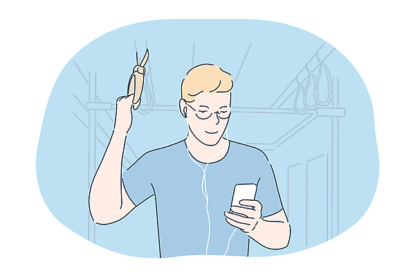 EPS 해외이미지 남자 안경 이어폰 일러스트 비즈니스 버스 손잡이 한명 성인 스마트폰 듣기 성인남자한명만 해외202310 해외일러스트 1 잡화 육상교통 음향기기 모션 대중교통 사람 핸드폰 스마트기기 남자한명만 성인남자만 파일형식 벡터