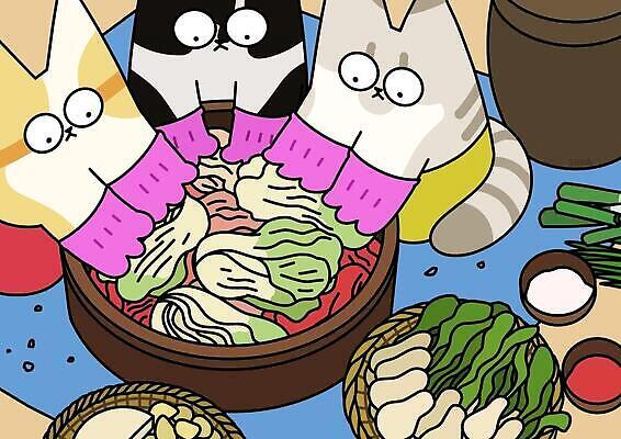 JPG 해외이미지 라이프스타일 일러스트 김치 사람없음 귀여움 고양이 항아리 양념 만화 배추 고무장갑 김장 총각무 해외202310 해외일러스트 한식 장갑 컨셉 채소 포유류 생활 반려동물 도자기 무 고무 파일형식