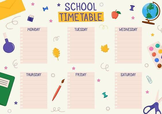 EPS 해외이미지 디자인 일러스트 학교 프레임 사람없음 연필 지구본 공책 일주일 시간표 요일 해외202310 해외일러스트 교육 문구용품 학용품 필기구 날짜 계획 파일형식 벡터