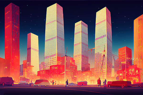 JPG 해외이미지 전신 별 일러스트 자동차 하늘 빌딩 성인 세명 컬러풀 도시 분위기 야간 성인만 해외202310 해외일러스트 자연요소 육상교통 컬러 컨셉 사람 건물 파일형식