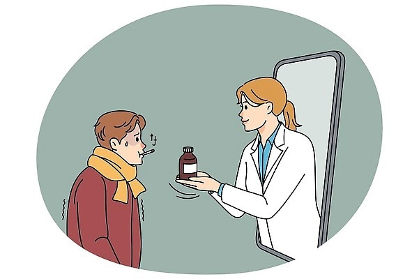 EPS 해외이미지 여자 남자 일러스트 성인 두명 스마트폰 목도리 진료 환자 의사 약병 질병 체온계 처방 온라인 성인만 해외202310 해외일러스트 잡화 의학 사람 핸드폰 스마트기기 약 의료진 온도계 병_담는 파일형식 벡터