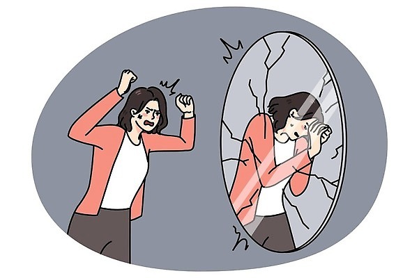 EPS 해외이미지 여자 감정 일러스트 스트레스 성인 두명 손들기 놀람 거울 분노 수비 긴장 부정적 우울증 증상 성인여자만 해외202310 해외일러스트 모션 표정 사람 질병 여자만 성인만 파일형식 벡터