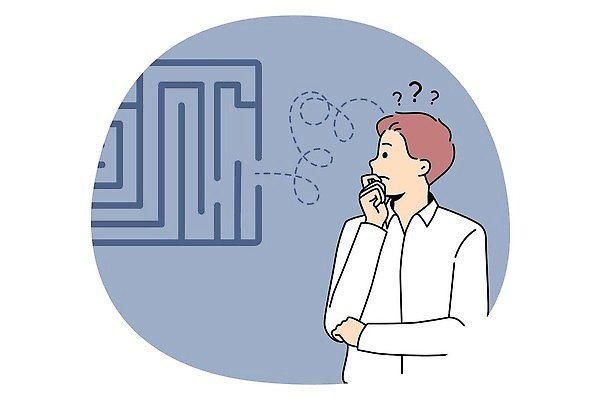 EPS 해외이미지 남자 점선 일러스트 비즈니스 한명 성인 물음표 계획 전략 미로 성인남자한명만 해외202310 해외일러스트 1 기호 선 컨셉 사람 남자한명만 성인남자만 파일형식 벡터