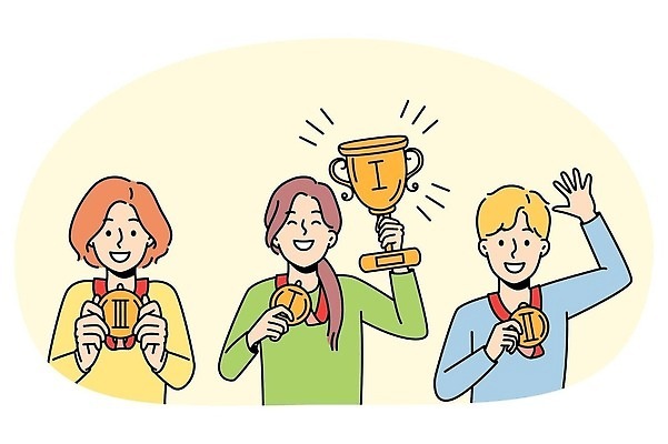 EPS 해외이미지 무료이미지 여자 남자 행복 일러스트 들기 세명 경쟁 축하 잡기 우승 상패 트로피 메달 대회 해외202310 해외일러스트 감정 컨셉 모션 사람 최고 상_우승 상_상패 파일형식 벡터