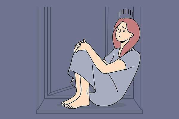 EPS 해외이미지 전신 여자 일러스트 창문 한명 앉기 성인 기댐 찡그림 야간 웅크림 우울감 우울증 성인여자한명만 해외202310 해외일러스트 자연요소 1 감정 모션 표정 사람 질병 여자한명만 성인여자만 파일형식 벡터