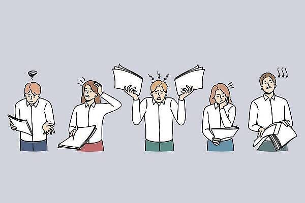 EPS 해외이미지 여자 남자 일러스트 스트레스 들기 정장 여러명 상반신 성인 짜증 비즈니스맨 비즈니스우먼 찡그림 문서 성인만 해외202310 해외일러스트 옷 감정 다수 비즈니스 모션 표정 사람 직장인 파일형식 벡터