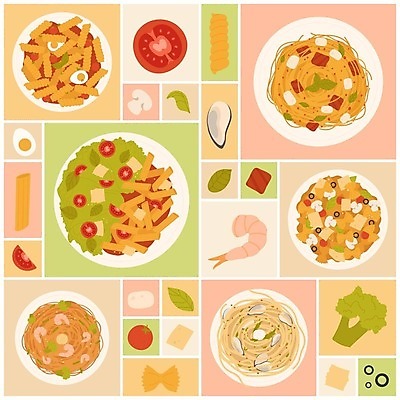 EPS 해외이미지 음식 토마토 일러스트 식재료 치즈 새우 파스타 사람없음 계란 버섯 샐러드 브로콜리 허브 홍합 파스타면 해외202310 해외일러스트 식물 채소 어패류 유제품 서양음식 갑각류 알 면류 파일형식 벡터