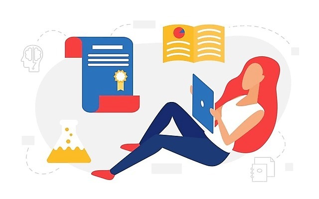 EPS 해외이미지 무료이미지 여자 교육 일러스트 한명 들기 성인 책 태블릿 졸업장 플라스크 성인여자한명만 해외202310 해외일러스트 일러캐릭터 캐릭터 1 졸업 모션 실험기구 사람 전자제품 스마트기기 여자한명만 성인여자만 파일형식 벡터 무료콘텐츠