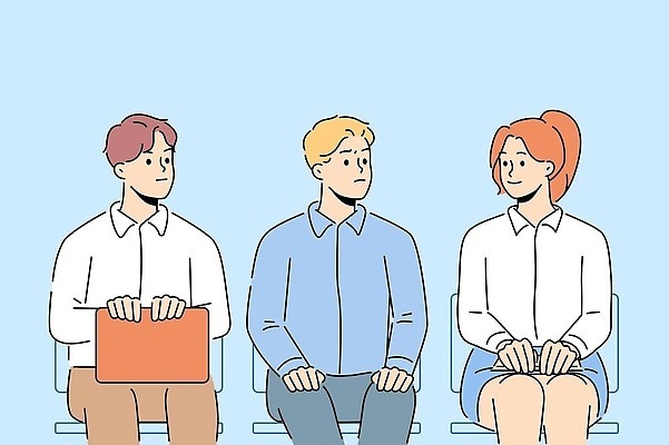 EPS 해외이미지 여자 남자 일러스트 비즈니스 앉기 성인 세명 기다림 면접 성별 고용 성차별 지원 성인만 해외202310 해외일러스트 모션 사람 구직 차별 채용 파일형식 벡터