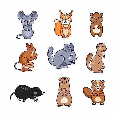 EPS 해외이미지 동물 캐릭터 어린이 스티커 일러스트 자연 동물원 책 세트 아기 낙서 쥐 설치류 만화 수집 다람쥐 윤곽 영웅 두더지 비버 해외202310 해외일러스트 일러캐릭터 사람 생태계 파일형식 벡터
