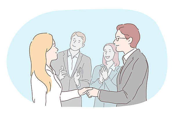 EPS 해외이미지 여자 남자 안경 일러스트 비즈니스 악수 여러명 상반신 성인 손잡기 거래 박수 성인만 해외202310 해외일러스트 잡화 다수 모션 사람 손짓 파일형식 벡터