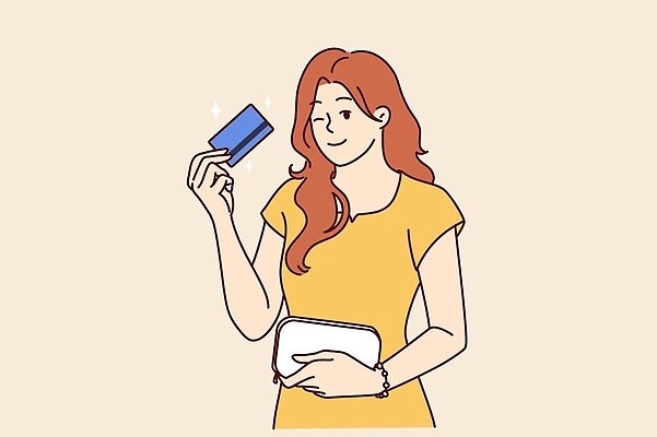 EPS 해외이미지 무료이미지 여자 행복 일러스트 윙크 한명 들기 성인 쇼핑 신용카드 지갑 상품 베이지색 성인여자한명만 해외202310 해외일러스트 1 감정 컬러 모션 표정 사람 금융 여자한명만 성인여자만 파일형식 벡터