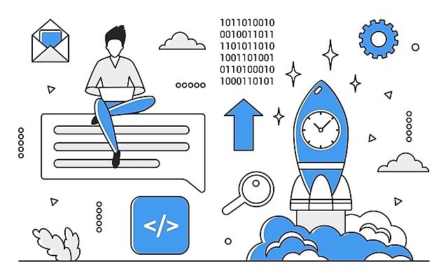 EPS 해외이미지 전신 남자 일러스트 비즈니스 한명 성인 파란색 디지털 로켓 정보 업무 메시지 스마트 분석 온라인 경영 데이터베이스 인터페이스 성인남자한명만 해외202310 해외일러스트 1 컬러 컨셉 사람 작업 남자한명만 성인남자만 파일형식 벡터