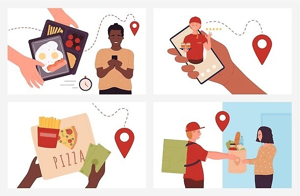 EPS 해외이미지 여자 남자 음식 일러스트 피자 여러명 상반신 성인 스마트폰 쇼핑 배달원 종업원 고객 서비스 주기 주문 배달음식 성인만 음식배달 해외202310 해외일러스트 직업 다수 모션 패스트푸드 서양음식 사람 핸드폰 스마트기기 배송 배달 파일형식 벡터