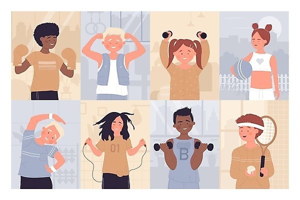 EPS 해외이미지 무료이미지 학생 여자 교육 남자 어린이 스포츠 포즈 일러스트 공 건강 들기 소년 여러명 세트 운동 점프 권투 아령 테니스 잡기 라켓 테니스라켓 권투글러브 줄넘기 어린이만 해외202310 해외일러스트 스포츠용품 다수 모션 사람 구기 격투기 글러브 파일형식 벡터