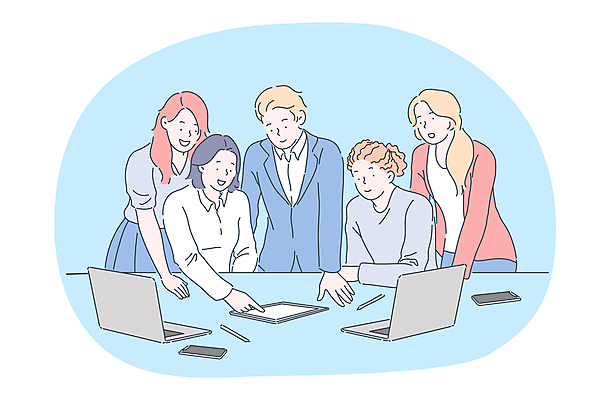 EPS 해외이미지 여자 남자 일러스트 비즈니스 회의 여러명 상반신 성인 노트북 스마트폰 태블릿 펜 가리킴 성인만 해외202310 해외일러스트 다수 사람 손짓 전자제품 핸드폰 스마트기기 필기구 파일형식 벡터