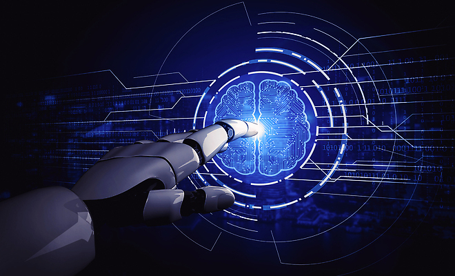 JPG 해외이미지 손 미래 기술 신체부위 파란색 3D 디지털 터치 네트워크 연결 로봇 뇌 해외202310 해외포토 포토 컬러 컨셉 사람 디지털합성 파일형식