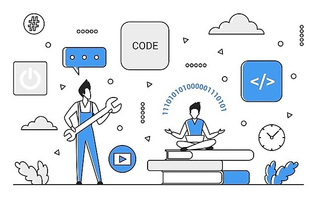 EPS 해외이미지 전신 남자 시계 일러스트 비즈니스 성인 두명 책 파란색 디지털 정보 업무 스마트 분석 온라인 경영 데이터베이스 인터페이스 성인남자만 해외202310 해외일러스트 컬러 컨셉 사람 작업 남자만 성인만 파일형식 벡터