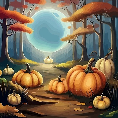 EPS 해외이미지 길 낙엽 일러스트 호박 단풍나무 사람없음 판타지 할로윈 보름달 야간 해외202310 해외일러스트 자연요소 나무 단풍 잎 채소 상상 달 파일형식 벡터