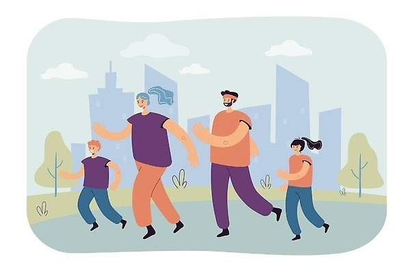EPS 해외이미지 나무 여자 남자 어린이 일러스트 가족 함께함 소년 여러명 성인 달리기 도시 해외202310 해외일러스트 식물 다수 컨셉 관계 모션 사람 파일형식 벡터