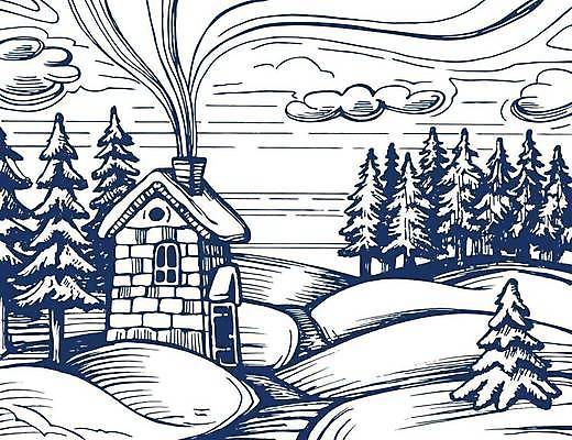 EPS 해외이미지 나무 무료이미지 겨울 일러스트 주택 사람없음 파란색 숲 스케치 해외202310 해외일러스트 식물 계절 컬러 미술 건물 파일형식 벡터 무료콘텐츠