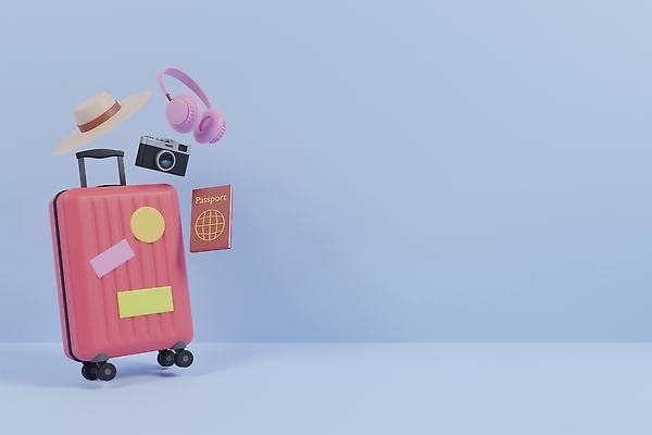 JPG 해외이미지 여행 일러스트 휴가 사람없음 3D 카메라 캐리어 헤드폰 오브젝트 밀짚모자 여권 카피스페이스 해외202310 해외일러스트 모자_잡화 음향기기 전자제품 여행가방 공백 디지털합성 파일형식