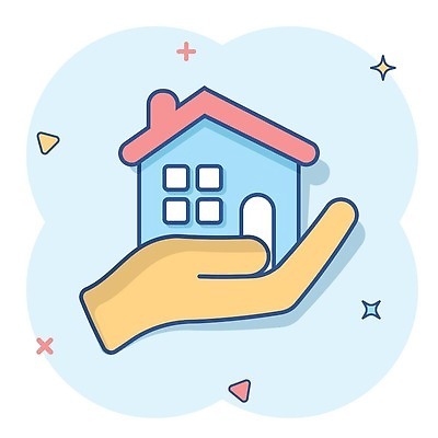 EPS 해외이미지 손 일러스트 주택 들기 신체부위 파란색 심볼 심플 코믹 해외202310 해외일러스트 컬러 모션 사람 건물 파일형식 벡터