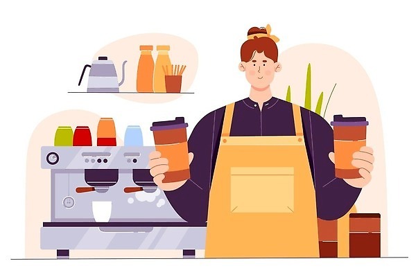 EPS 해외이미지 여자 커피 일러스트 한명 들기 상반신 성인 커피메이커 종업원 서비스 바리스타 성인여자한명만 해외202310 해외일러스트 직업 1 음료 모션 사람 커피용품 여자한명만 성인여자만 파일형식 벡터