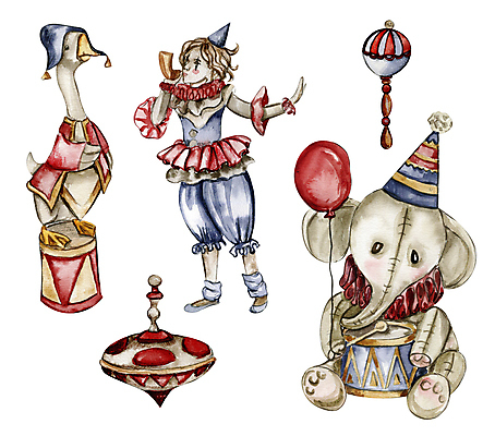 JPG 해외이미지 전신 남자 어린이 인형 일러스트 코끼리 오리 한명 소년 서커스 팽이 풍선 뿔피리 소년한명만 해외202310 해외일러스트 1 포유류 조류 사람 놀이용품 남자한명만 소년만 파일형식