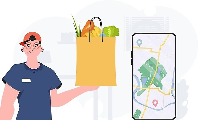 EPS 해외이미지 무료이미지 남자 지도 일러스트 한명 들기 성인 스마트폰 쇼핑 쇼핑백 배달원 상품 배송 서비스 성인남자한명만 해외202310 해외일러스트 직업 1 가방 모션 사람 핸드폰 스마트기기 남자한명만 성인남자만 파일형식 벡터 무료콘텐츠