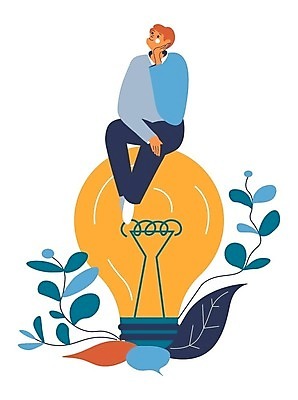 EPS 해외이미지 전신 무료이미지 남자 잎 일러스트 비즈니스 전구 아이디어 한명 앉기 성인 턱괴기 성인남자한명만 브레인스토밍 해외202310 해외일러스트 식물 1 컨셉 모션 사람 남자한명만 성인남자만 파일형식 벡터