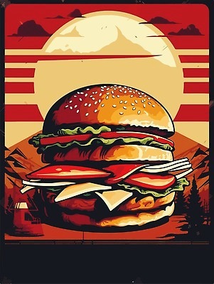 EPS 해외이미지 나무 포스터 일러스트 패스트푸드 사람없음 태양 햄버거 빈티지 큼 복고 해외202310 해외일러스트 자연요소 식물 컨셉 인스턴트 크기 파일형식 벡터